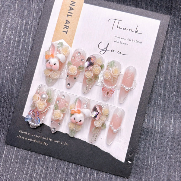 Sweet Bunny Floral Handmade Nails