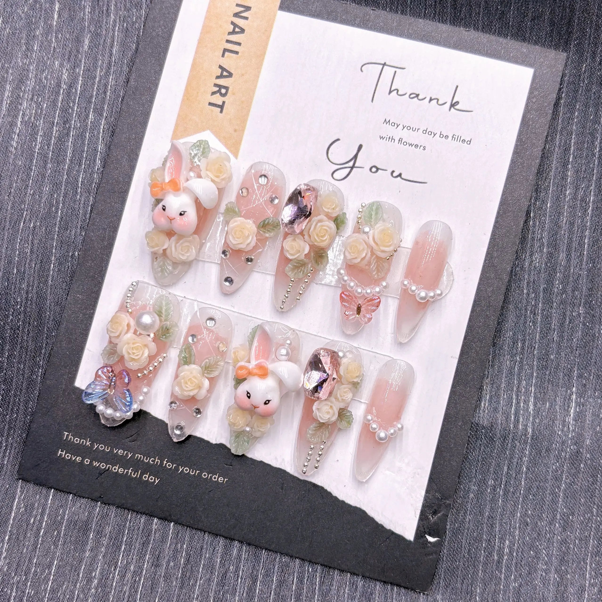 Sweet Bunny Floral Handmade Nails