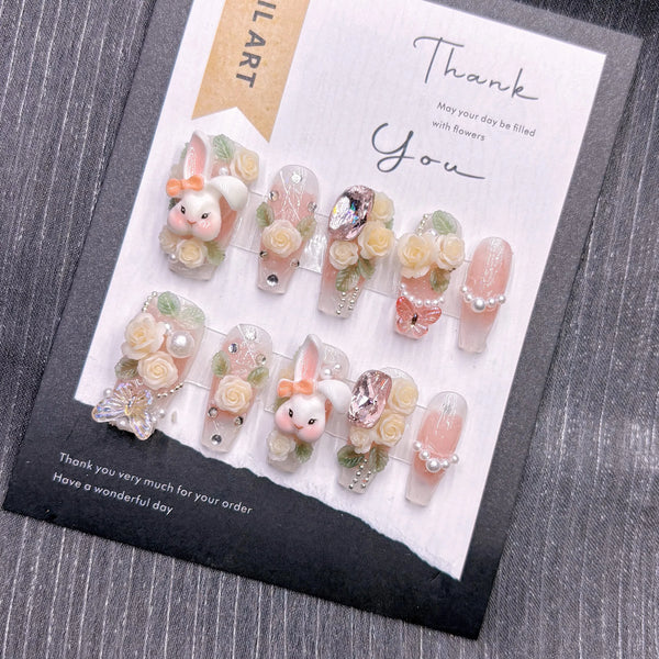 Sweet Bunny Floral Handmade Nails