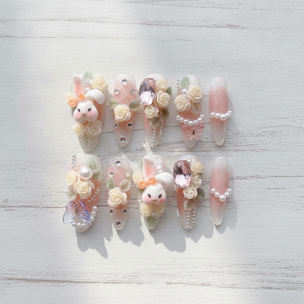 Sweet Bunny Floral Handmade Nails